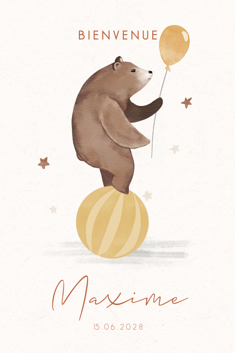 Faire-part de naissance avec un ours sur un ballon