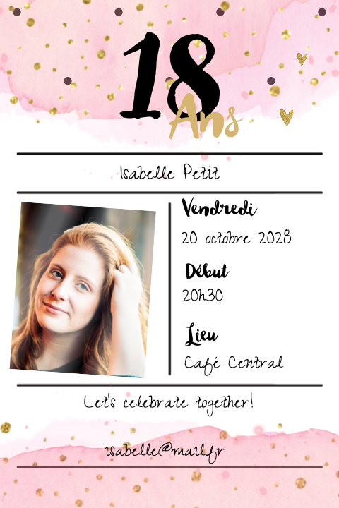 Carte d'invitation festive avec des aquarelles roses et confettis