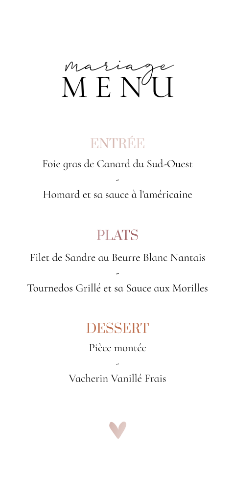 Carte de menu vernis avec un coeur et une belle typographie