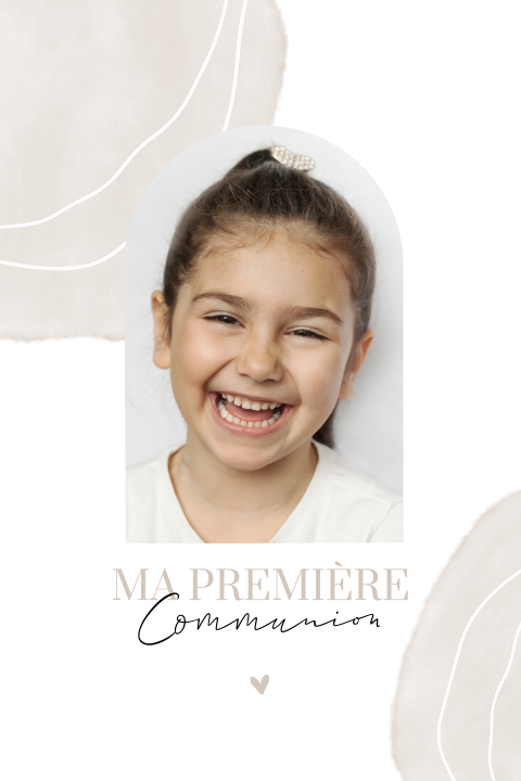 Faire-part de communion minimaliste avec photo et formes beiges