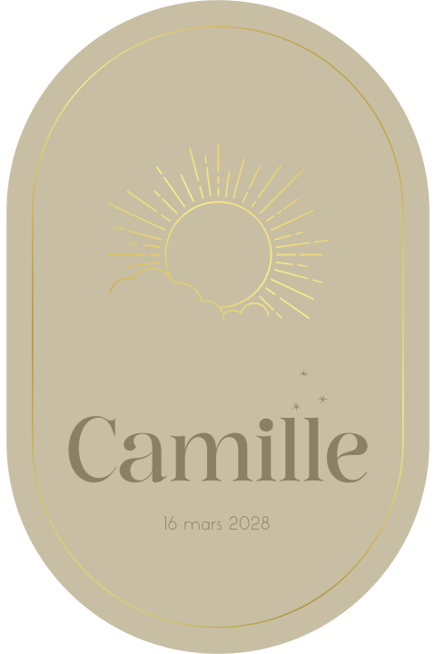 Faire-part de naissance en ovale avec soleil et cadre en dorure