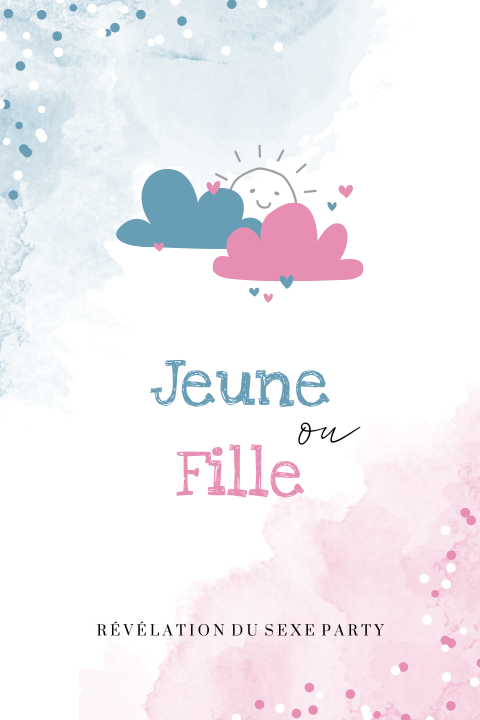 Carte d'invitation de révélation de genre avec des nuages roses et bleu clair.