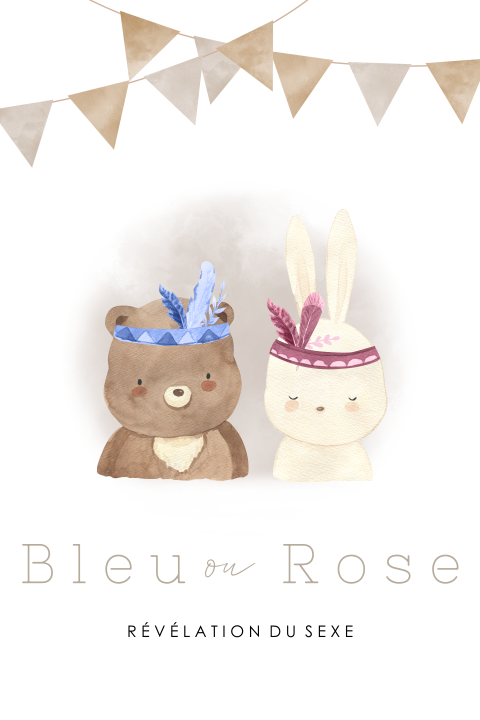 Carte d'invitation pour révéler le sexe de bébé avec un ours et un lapin