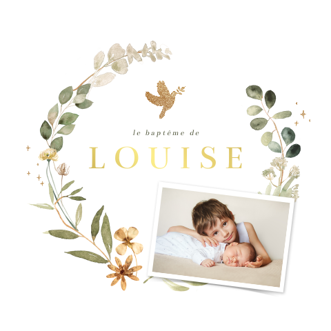 Faire-part de baptême avec couronne de feuillages et polaroid