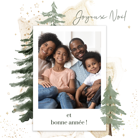 Carte de Noël originale avec photo polaroïd et des sapins