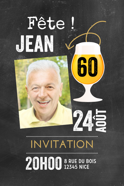 Carte d'invitation moderne pour les 60 ans sur fond de tableau noir
