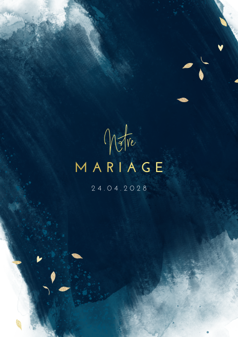 Carnet de chants de mariage avec dorure et traits de pinceau bleus