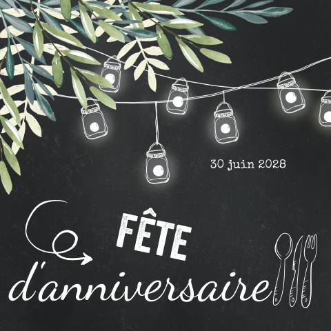 Invitation d'anniversaire avec guirlandes lumineuses sur fond foncé