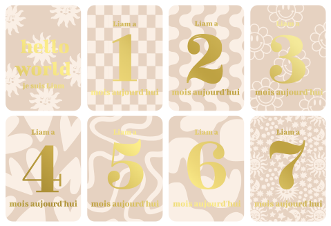 Cartes étapes Bébé beiges avec motifs tendances et dorure