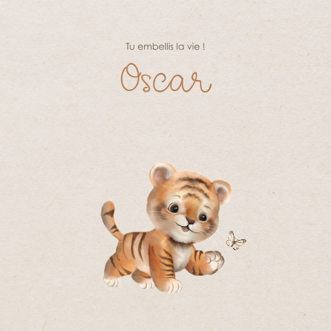 Faire-part de naissance avec un petit tigre et papillon sur fond beige