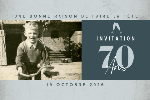 Carte d'invitation 70e anniversaire avec photo sur fond gris et vert