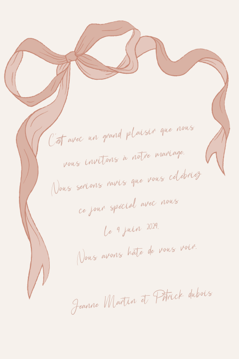 Faire-part de mariage avec illlustration ruban et écriture manuscrite