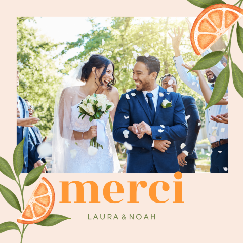 Carte remerciement magnet carrée avec citrons, ton orangé