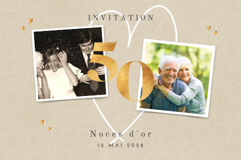 Invitation noces d'or avec photos, cœur sur fond sable
