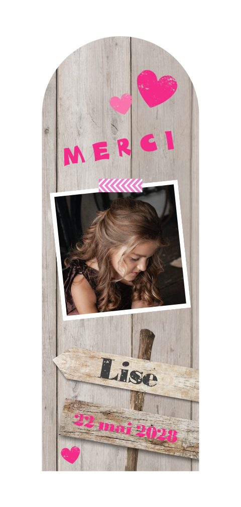 Carte de remerciements avec photo et coeurs roses