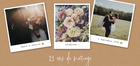 Invitation anniversaire mariage avec polaroids sur fond aspect kraft