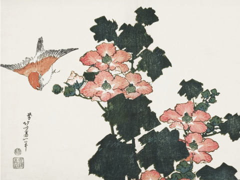 Affiche des roses rouges et un oiseau de Katsushika Hokusai