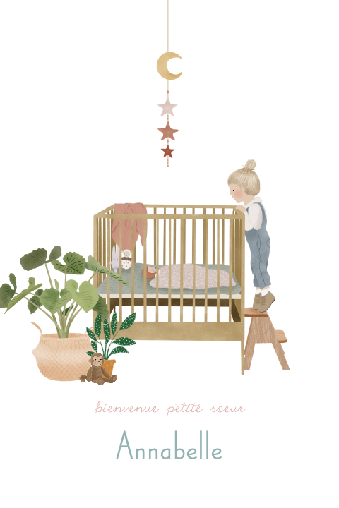 Faire-part de naissance sœur avec berceau et mobile