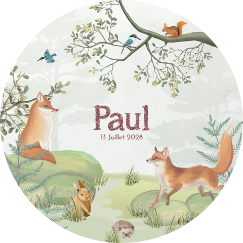 Faire-part de naissance rond et illustré avec des animaux de la forêt