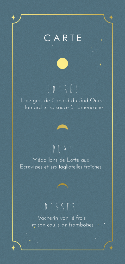 Carte de menu Tarot avec lune et dorures