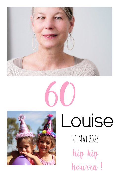 Carte d'invitation simple pour les 60 ans avec photos et accents roses