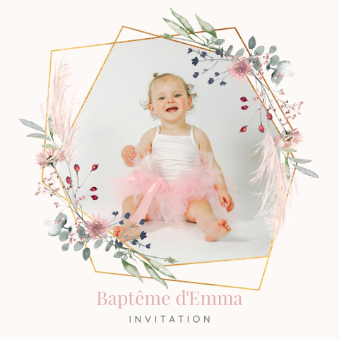 Faire-part de baptême avec fleurs, motifs géometriques et photo
