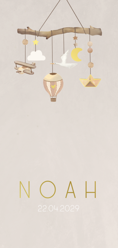 Faire-part de naissance beige avec mobile et dorure