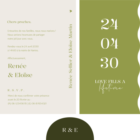 Faire-part de mariage tendance dans les tons verts avec bord ondulé