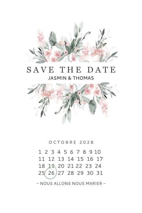 Save the date avec un bouquet de fleurs roses et un calendrier