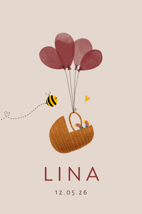 Faire-part de naissance pour fille avec abeille, ballons et photo