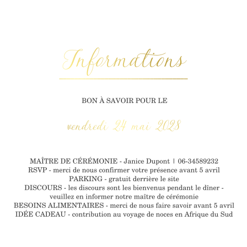 Feuillet d'informations classique avec texte doré