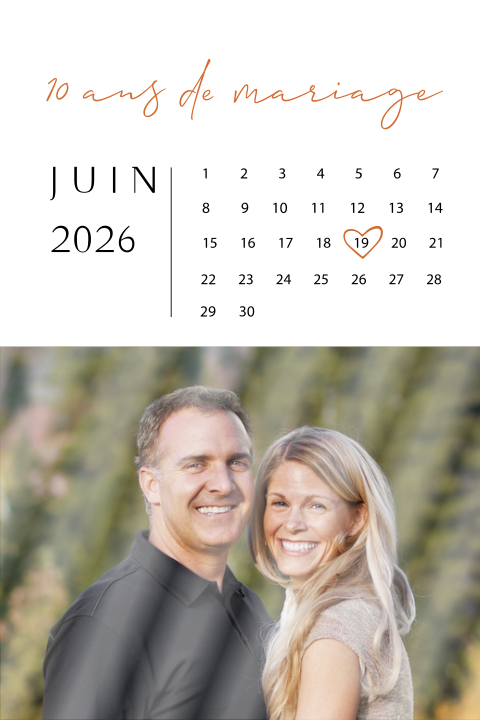 Invitation anniversaire mariage avec calendrier et photo