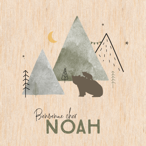 Faire-part de naissance sur bois avec deux ours et montagnes