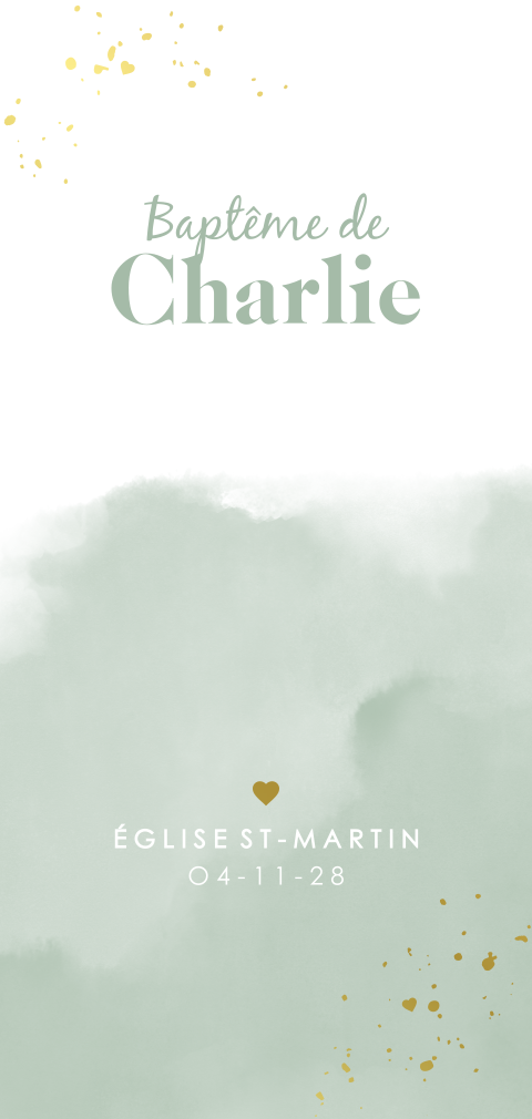 Faire-part de baptême avec cœur en dorure sur aquarelle verte