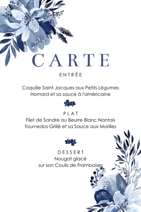 Carte de menu avec des fleurs bleues romantiques