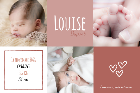 Faire-part de naissance en rose avec des photos de bébé