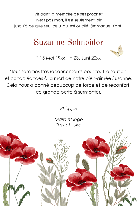 Carte de remerciement de deuil avec des coquelicots et une photo