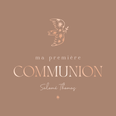 Faire-part de communion avec colombe en or rosé sur fond marron