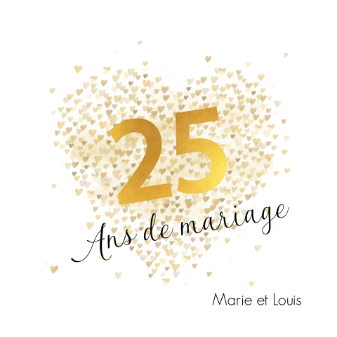 Invitation anniversaire de mariage avec des cœurs dorés et une photo