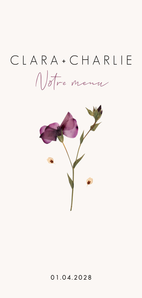 Menu délicat avec fleurs pressées et coins arrondis