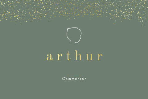 Faire-part communion avec fond vert, dorure et illustration