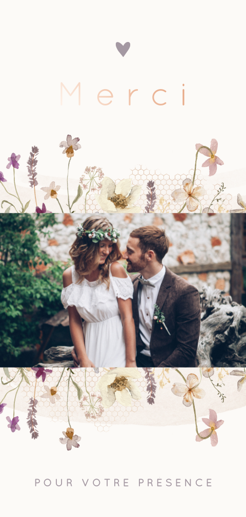 Carte de remerciement avec photo, petits cœurs et fleurs des champs