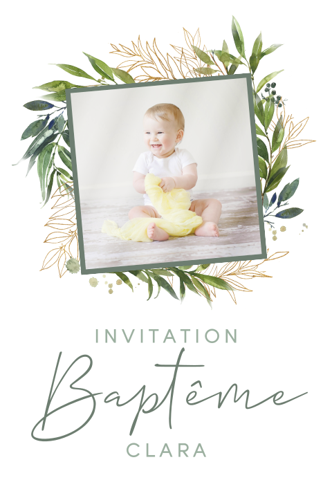 Faire-part de baptême avec photo & feuillages