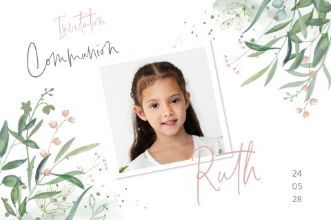 Faire-part de communion tendance avec photo et branches en aquarelle