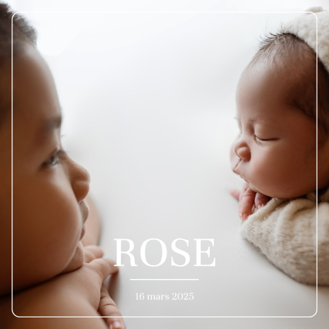 Faire-part de naissance avec grande photo et fin cadre blanc