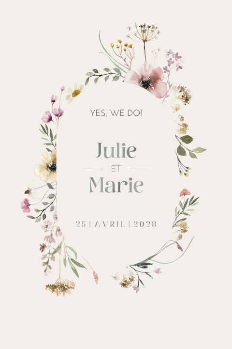 Faire-part de mariage avec des jolies fleurs et noms en vernis