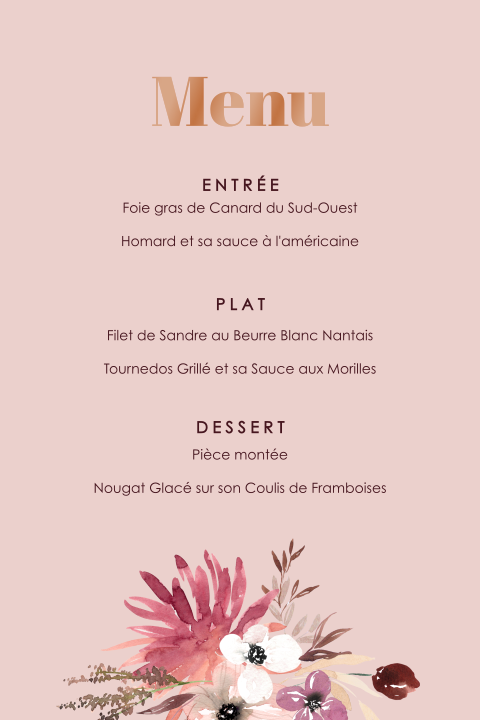 Carte de menu élégante avec des fleurs et texte en vernis