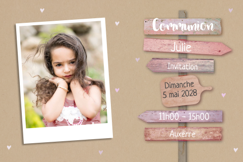 Faire-part de communion avec photo et panneau indicateur rose
