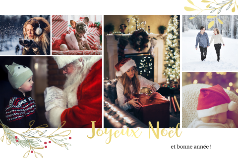 Carte de Noël avec des photos, dorures et branches de Noël