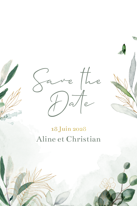 Save the date avec des branches d'eucalyptus peintes à l'aquarelle